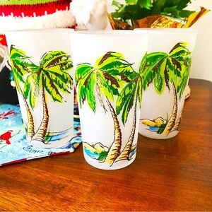 Vintage Hazel Atlas Gay Fad Tropical Palm Tree Frosted Tumblers 50s MCM